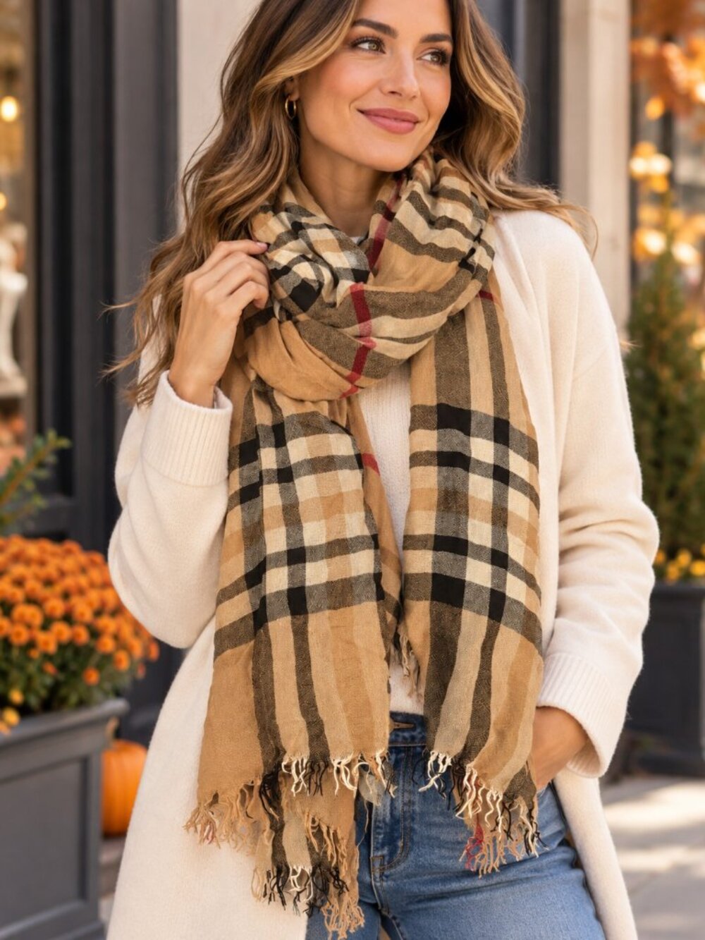 Plaid Scarf Tan Beige Designer Inspired Lightweight Fringe Neutral Classic Wrap